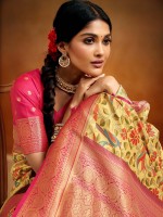 Yellow And Pink Soft Handloom Banarasi Silk Saree